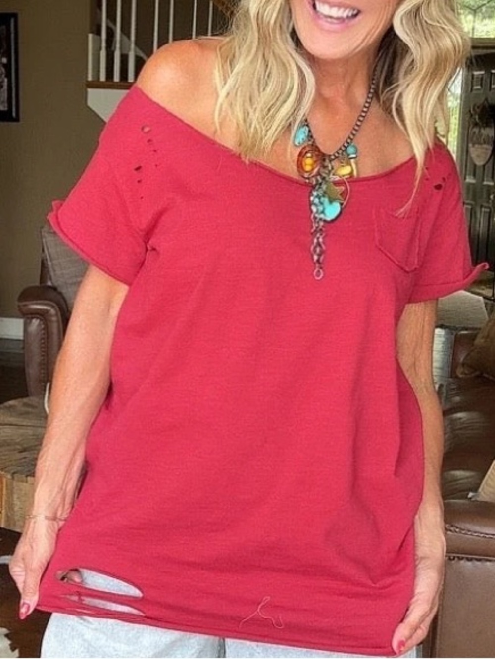 🍒 A Rare Bird Ripped Tee Cranberry Distressed Cotton S/M NWT